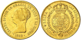 1850. Isabel II. Madrid. CL. Doblón de 100 reales. (Cal. 3). 8,18 g. Golpecitos. Parte de brillo original. MBC+/EBC-.