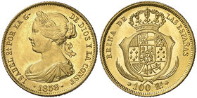 1858. Isabel II. Madrid. 100 reales. (Cal. 23). 8,40 g. Bella. Brillo original. Ex Colección O'Callaghan 10/11/2016, nº 541. Escasa así. S/C-/S/C.