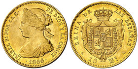 1866/5. Isabel II. Sevilla. 10 escudos. (Cal. 49). 8,36 g. Parte de brillo original. Ex Colección O'Donnell, Áureo 19/11/2003, nº 499. Extraordinariam...