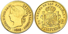 1868. Isabel II. Manila. 1 peso. (Cal. 150). 1,65 g. Leves golpecitos. MBC/MBC+.