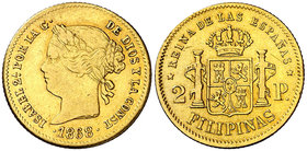 1868. Isabel II. Manila. 2 pesos. (Cal. 140). 3,36 g. MBC/MBC+.