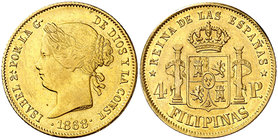 1868. Isabel II. Manila. 4 pesos. (Cal. 132). 6,77 g. Rayitas. Parte de brillo original. MBC/EBC-.