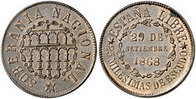 1868. Gobierno Provisional. Segovia. 25 milésimas de escudo. (Cal. 23). 6,40 g. Bella. Parte de brillo original. Ex Áureo & Calicó 14/12/2016, nº 1925...