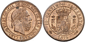 1875. Carlos VII, Pretendiente. Oñate. 10 céntimos. (Cal. 8). 10,06 g. Manchita. Bella. Gran parte de brillo original. Escasa así. EBC.