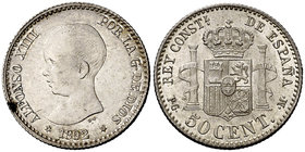 1892*92. Alfonso XIII. PGM. 50 céntimos. (Cal. 55). 2,50 g. Bella. S/C-.