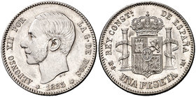 1885*1886. Alfonso XII. MSM. 1 peseta. (Cal. 62). 5 g. Mínimas rayitas por limpieza. Bella. Rara y más así. EBC.