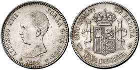 1889*1889. Alfonso XIII. MPM. 1 peseta. (Cal. 37). 4,94 g. Leves impurezas. Bella. Parte de brillo original. Rara y más así. EBC+.