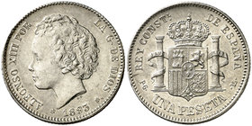 1893*1893. Alfonso XIII. PGL. 1 peseta. (Cal. 39). 4,98 g. Golpecito. Bella. Ex Áureo & Calicó 16/12/2015, nº 1696. Rara así. EBC+.