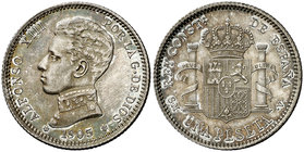 1905*1905. Alfonso XIII. SMV. 1 peseta. (Cal. 51). 4,99 g. Pátina. Bella. Brillo original. Ex Áureo & Calicó 30/10/2014, nº 1799. Rara así. EBC+.