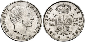 1884. Alfonso XII. Manila. 20 centavos. (Cal. 91). 5,09 g. Rayita y mínimo golpecito, pero extraordinario ejemplar. Brillo original. Rara así. EBC.
