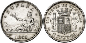 1869*1869. Gobierno Provisional. SNM. 2 pesetas. (Cal. 5). 10,03 g. Limpiada. Bella. Escasa así. (EBC+).