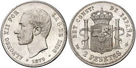 1879*1879. Alfonso XII. EMM. 2 pesetas. (Cal. 46). 10,08 g. Limpiada. Escasa así. EBC.
