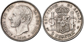 1882/1*1882. Alfonso XII. MSM. 2 pesetas. (Cal. 50). 9,95 g. Bella. Escasa así. EBC+.
