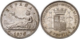 1870*1870. Gobierno Provisional. SNM. 5 pesetas. (Cal. 3). 24,64 g. Bella. Pátina. Restos de brillo original. Escasa así. EBC.