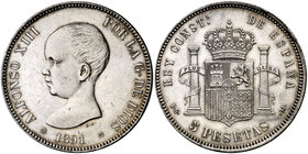 1891*1891. Alfonso XIII. PGM. 5 pesetas. (Cal. 17). 24,99 g. Leves marquitas. Bella. EBC/EBC+.