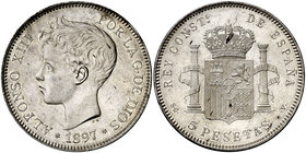 1897*1897. Alfonso XIII. SGV. 5 pesetas. (Cal. 26). 24,83 g. Leves marquitas. Bella. Brillo original. EBC+.