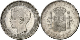 1895. Alfonso XIII. Puerto Rico. PGV. 1 peso. (Cal. 82). Leves marquitas. Bonita pátina. Rara y más así. EBC+.