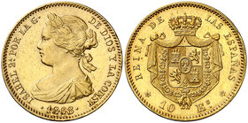 1868*1873. I República. 10 escudos. (Cal. 1). 8,41 g. A nombre de Isabel II. Golpecito. Bella. Brillo original. Escasa. EBC/EBC+.