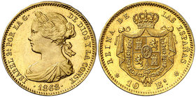 1868*1873. I República. 10 escudos. (Cal. 1). 8,41 g. A nombre de Isabel II. Bella. Ex Áureo & Calicó 30/10/2014, nº 1653. EBC+.