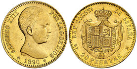 1890*1890. Alfonso XIII. MPM. 20 pesetas. (Cal. 5). 6,42 g. Leves marquitas. Parte de brillo original. EBC-.