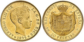 1899*1899. Alfonso XIII. SMV. 20 pesetas. (Cal. 7). 6,45 g. Leves marquitas. Parte de brillo original. EBC+.