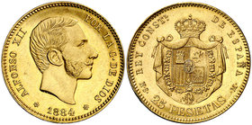 1884*1884. Alfonso XII. MSM. 25 pesetas. (Cal. 19). 8,07 g. Parte de brillo original. Escasa. EBC.