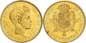 1897*1897. Alfonso XIII. SGV. 100 pesetas. (Cal. 1). 32,19 g. Mínimas marquitas. Bella. Brillo original. EBC.