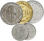 Ametlla del Vallés, l'. 25, 50 (dos) céntimos y 1 (dos) peseta. (Cal. 1) (T. 199 a 203). 5 monedas, todas las de la localidad. Raras. MBC+/EBC.