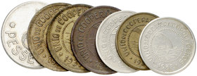Cercs. Unió de Cooperadors. 5, 10 céntimos (tres), 1, 2 y 5 pesetas. (T. 933 a 938). 7 monedas, una serie completa. MBC-/EBC-.