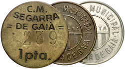 Segarra de Gaià. 1 peseta. (Cal. 18) (T. 2672 a 2674). Serie completa de 3 monedas en diferentes metales. Raras. MBC/EBC-.