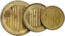 Antequera (Málaga). 50, 75 céntimos y 1 peseta. Serie completa de 3 monedas. Raras. MBC+/EBC.