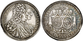 1696. Alemania. Schwarzenberg. Fernando y Maria Ana. 1 taler. (Kr. 16) (Dav. 7701). 28,82 g. AG. Atractiva. Rara. EBC-.