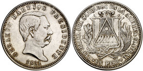 1861. El Salvador. 1 peso. (Kr. Pn3). 24,92 g. AG. Prueba. Bella. Rara. S/C-.