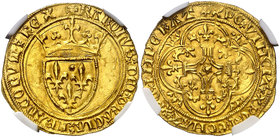 Francia. Carlos VI (1380-1422). 1 écu d'or à la couronne. (Fr. 291) (D. 369B). AU. En cápsula de la NGC como MS63, nº 4438954-004. Muy bella. Rara así...