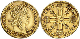 1642. Francia. Luis XIII. A (París). 1/2 luis d'or. (Fr. 411) (Kr. 101). 3,35 g. AU. Rayitas y golpecitos. Bonito color. Escasa. MBC+.