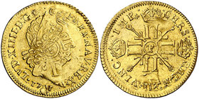 170(¿1?). Francia. Luis XIV. T (Nantes). 1 luis d'or. 6,68 g. AU. Acuñada sobre otra moneda, de ceca S (Reims), lo que dificulta la lectura. Escasa. (...