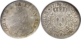 1738/7. Francia. Luis XV. 9 (Rennes). 1 ecu. (Kr. 486.1). AG. En cápsula de la NGC como MS62, nº 4348123-010. Rayitas de acuñación. Bella. Ex Stack's ...