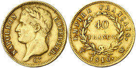 1810. Francia. Napoleón. W (Lille). 40 francos. (Fr. 506) (Kr. 696.6). 12,88 g. AU. Leves golpecitos. MBC+.