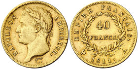 1811. Francia. Napoleón. A (París). 40 francos. (Fr. 505) (Kr. 696.1). 12,87 g. AU. Golpecitos. MBC+.