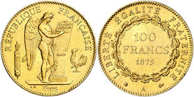 1879. Francia. III República. A (París). 100 francos. (Fr. 590) (Kr. 832). 32,27 g. AU. Golpecitos. MBC+/EBC-.