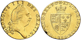 1788. Gran Bretaña. Jorge III. 1/2 guinea. (Fr. 362) (Kr. 608). 4,17 g. AU. Limadura en canto de reverso. Escasa. EBC.