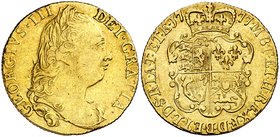 1777. Gran Bretaña. Jorge III. 1 guinea. (Fr. 355) (Kr. 604). 8,32 g. AU. Escasa. MBC+.