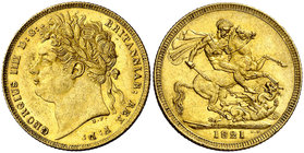 1821. Gran Bretaña. Jorge IV. 1 libra. (Fr. 376) (Kr. 682). 7,97 g. AU. Leves marquitas. Precioso color. Escasa. EBC-.