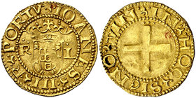 s/d. Portugal. Juan III (1521-1557). 1 cruzado. (Fr. 26) (Gomes 147.06/05). 3,60 g. AU. Atractiva. Ex Numisma 13/12/2016, nº 354. Rara. EBC-.