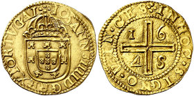 1645. Portugal. Juan IV (1640-1656). 4 cruzados. (Fr. 58) (Gomes 111.04). 11,90 g. AU. Bella. Rarísima y más así. EBC+.