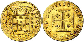 1681/78. Portugal. Pedro, príncipe regente. 4000 reis. (Fr. 72) (Gomes 70.05 var). 10,92 g. AU. Bella. Muy rara. EBC.