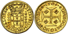 1706. Portugal. Pedro II. 4000 reis. (Fr. 76) (Gomes 99.22). 10,78 g. AU. Muy bella. Rara así. S/C-.