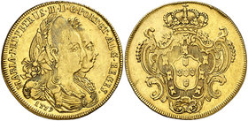 1779. Portugal. María I y Pedro III. 4 escudos. (Fr. 107) (Gomes 27.04). 14,24 g. AU. Rayitas. Escasa. MBC.