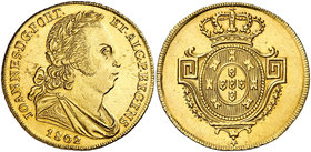 1802. Portugal. Juan, príncipe regente. 4 escudos. (Fr. 122) (Gomes 31.01). 14,32 g. AU. Peça de jarra. Muy rara. EBC-.