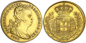 1821. Portugal. Juan VI. 2 escudos. (Fr. 129) (Gomes 17.04). 7,03 g. AU. Ligeramente limpiada. Rara. (MBC+).